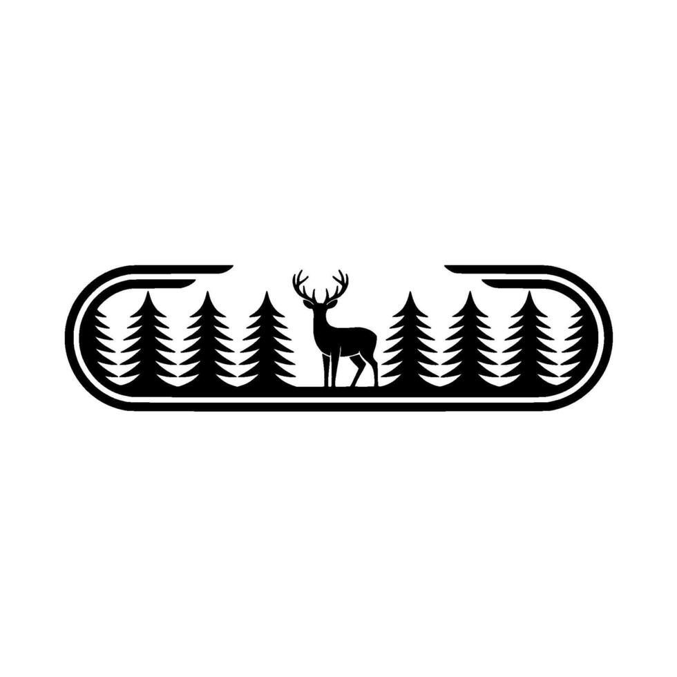 Minimalist Forest Silhouette Deer Pine Trees within Oval Frame. vector