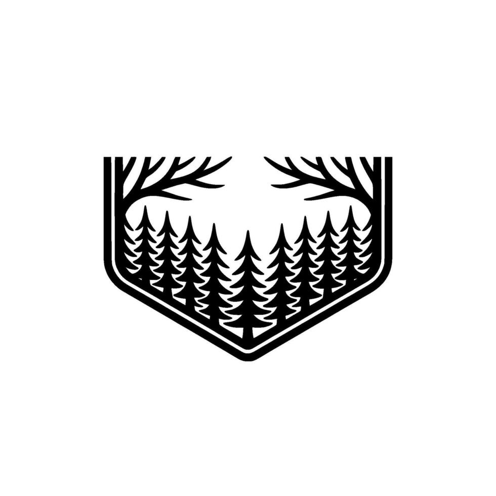 Minimalist Forest Badge Trees Branches, Black on White. vector