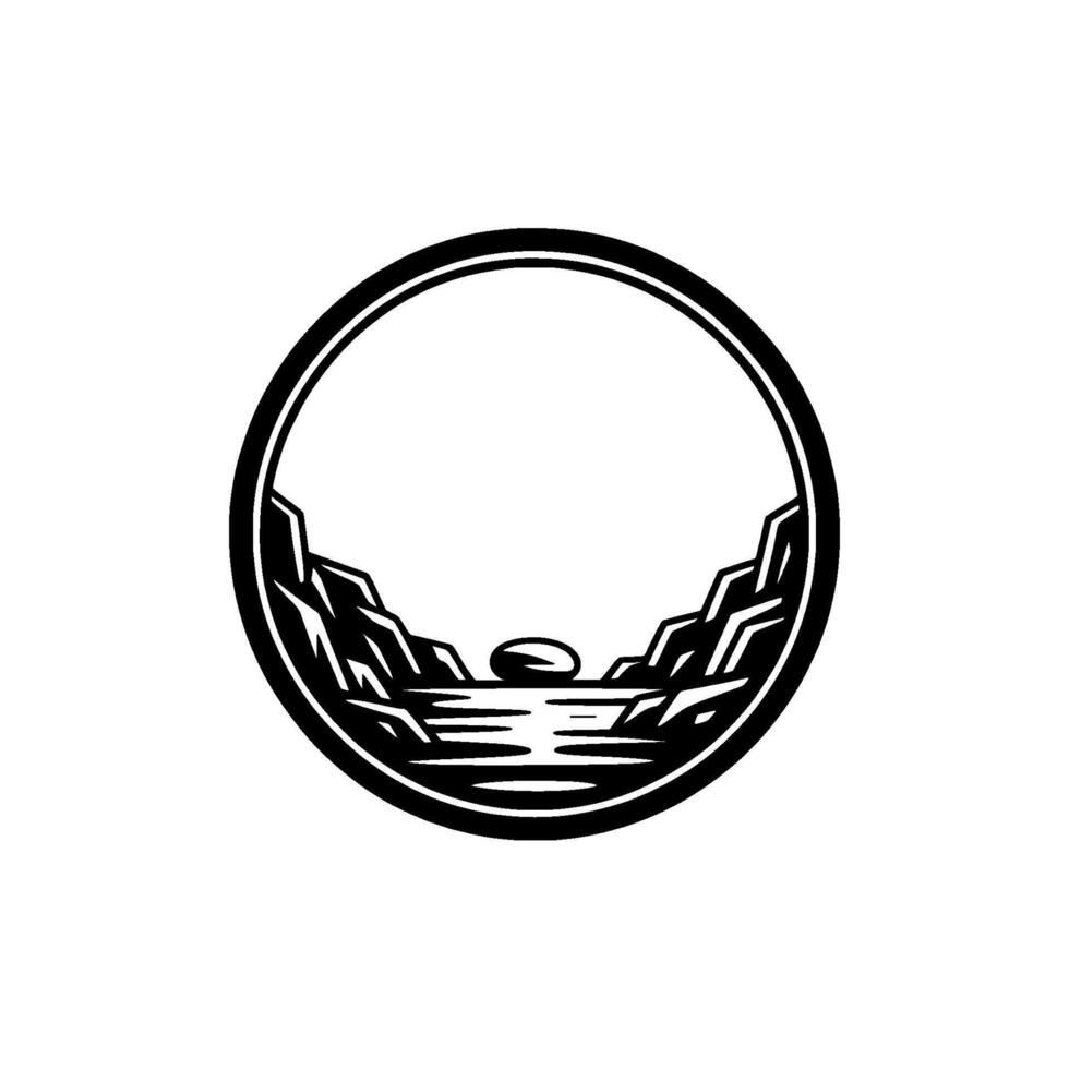 Minimalist Mountain River Landscape , Circle Frame. vector