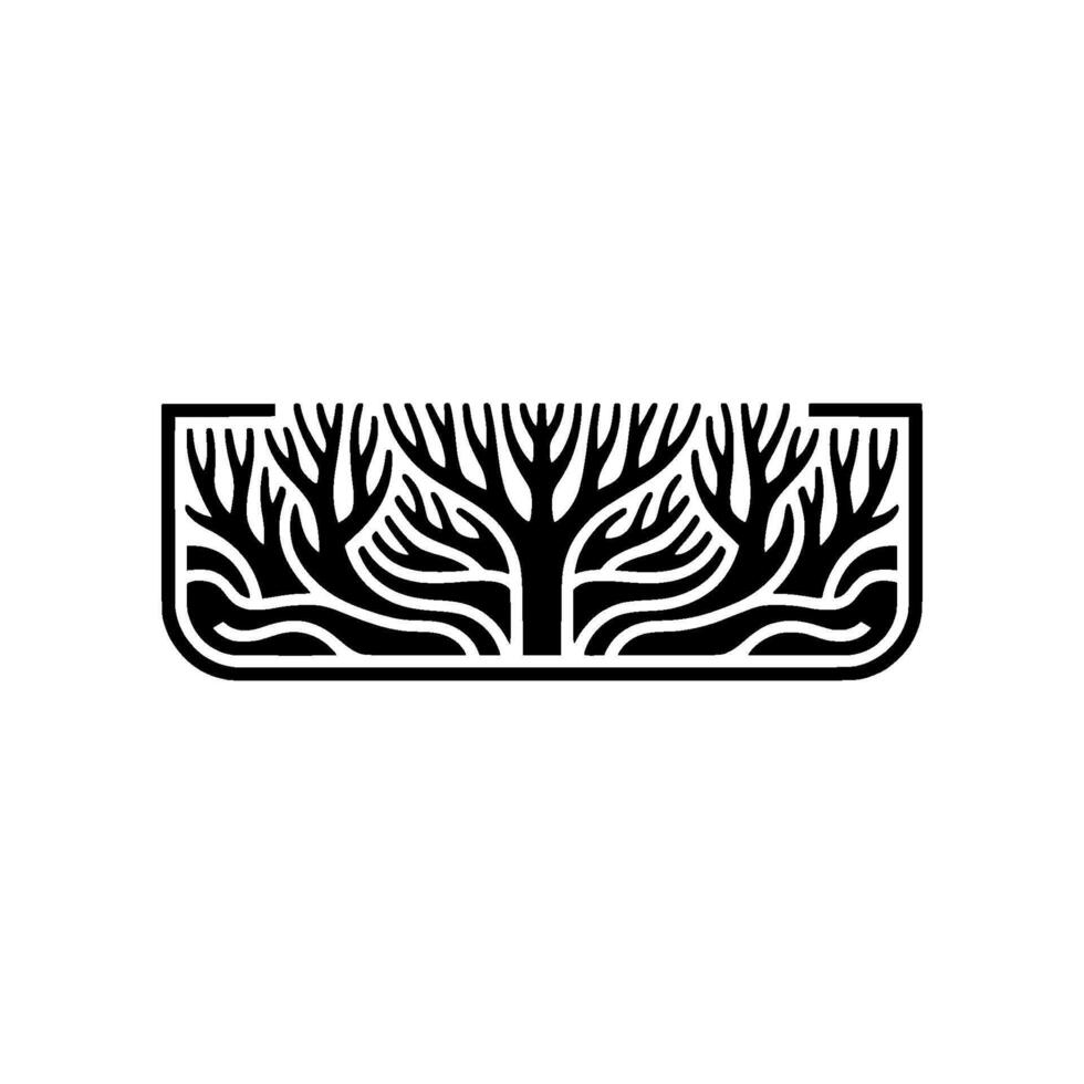 Minimalist Black Tree Silhouette in Rectangular Frame, Nature. vector