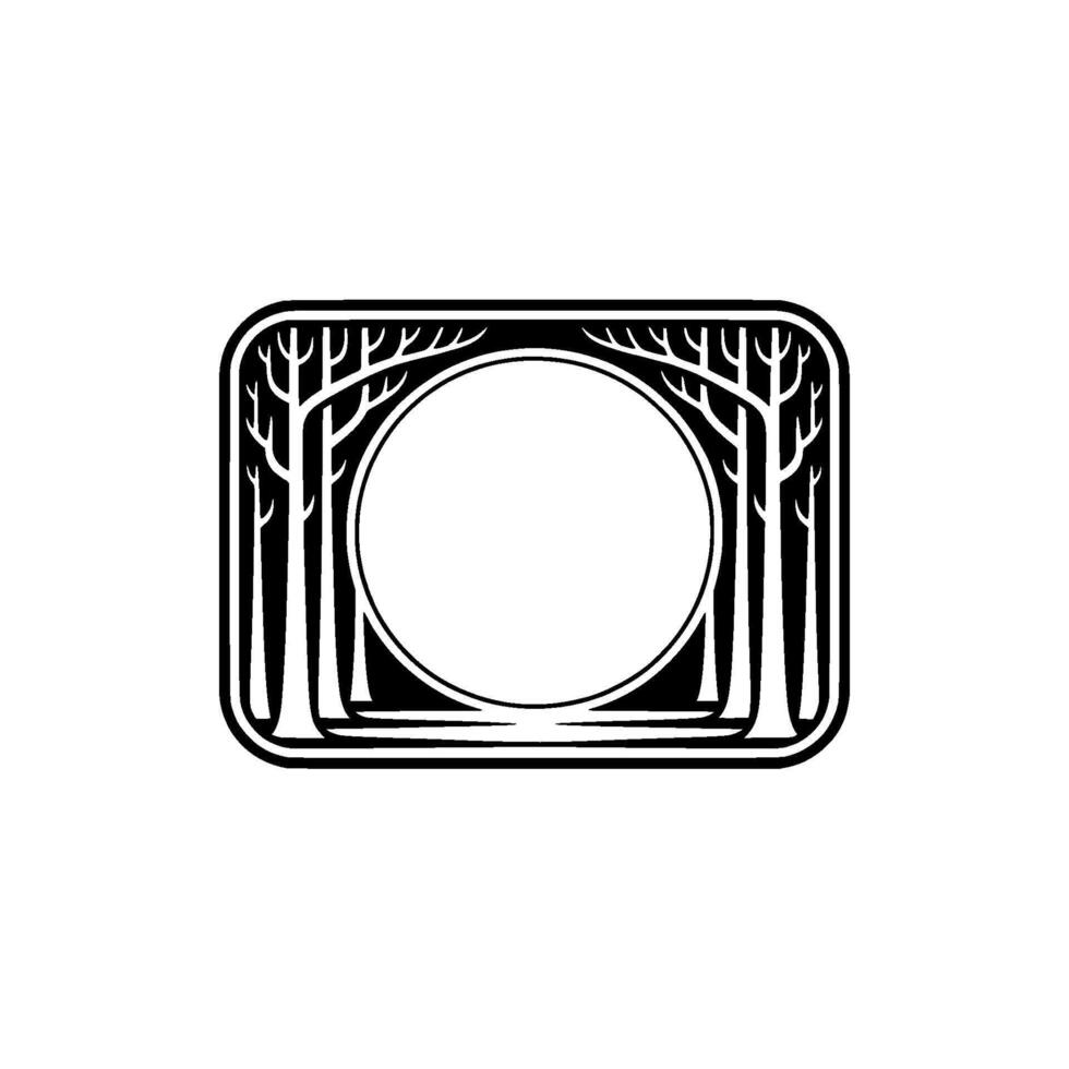 Art Deco Forest Frame Monochromatic Geometric Trees, Circle, Empty Space. vector