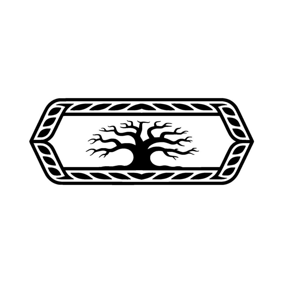 Minimalist Tree of Life Emblem, Decorative Frame, Black White. vector