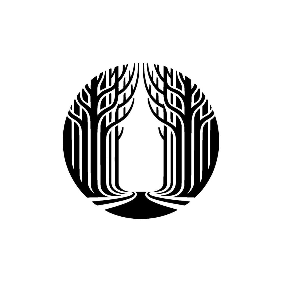 Minimalist Forest Path Black and White Circle. vector