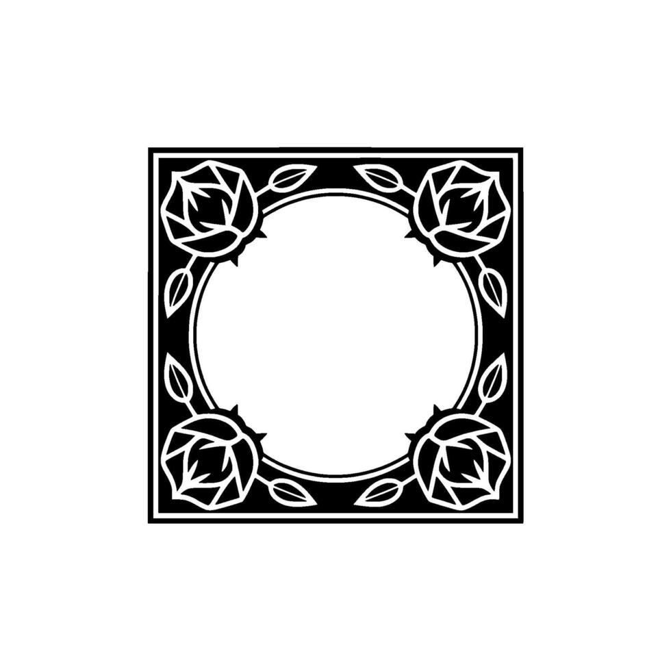 Elegant Black and White Floral Frame, Roses and Leaves, Minimalist. vector
