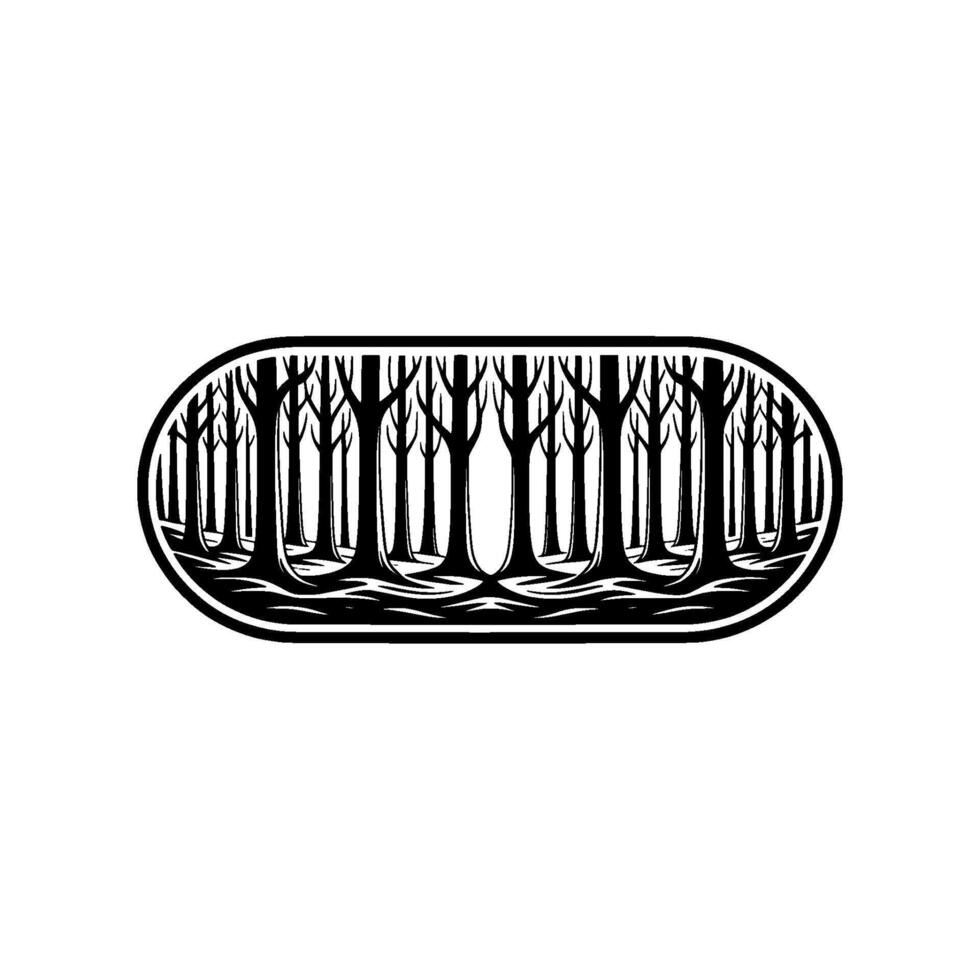 Stylized Forest in Oval Frame, Black and White Minimalist. vector