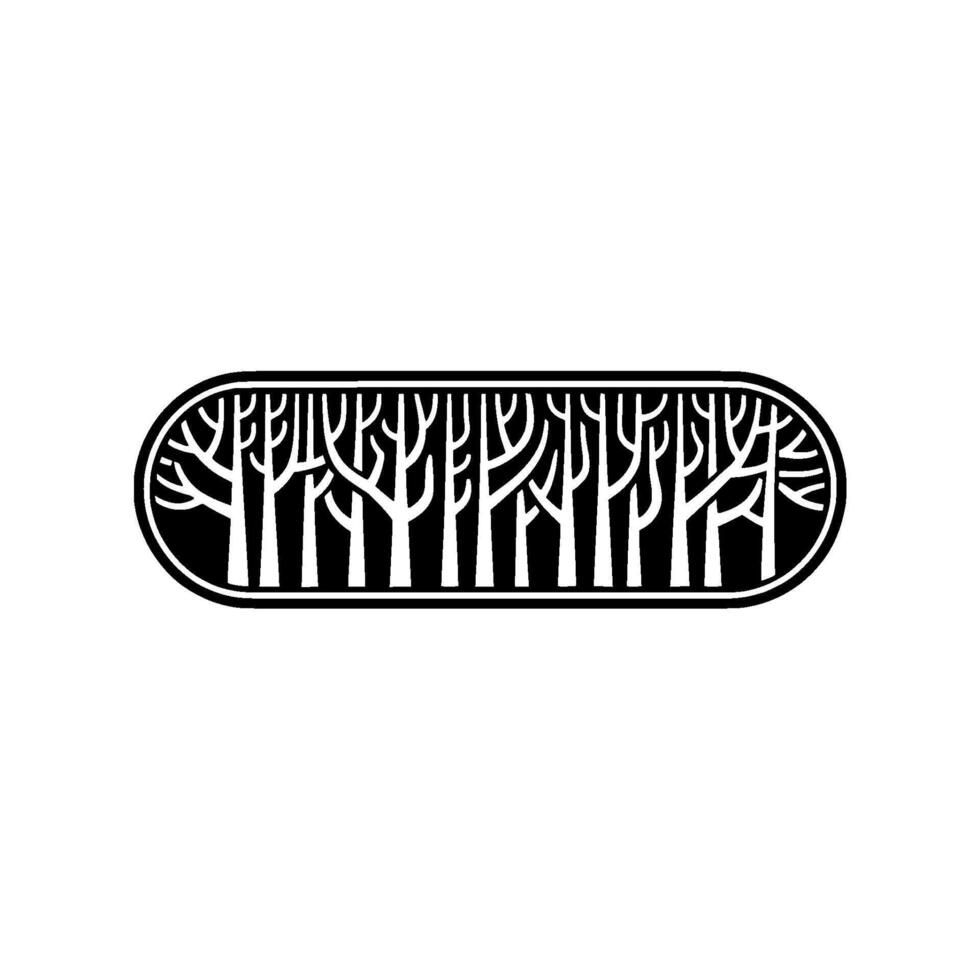 Stylized Forest Silhouettes in Oval Frame, Minimalist Black White. vector
