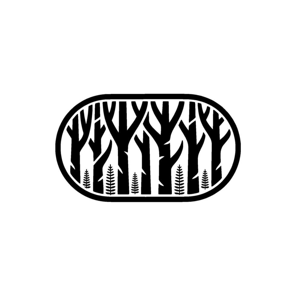 Stylized Forest Silhouette in Oval Frame Black White. vector