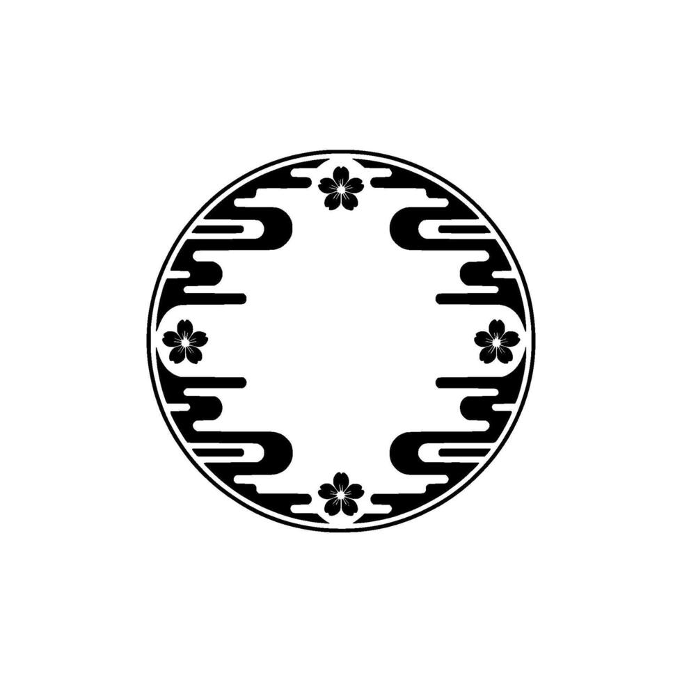 Japanese Sakura Circle Emblem in Black and White. vector