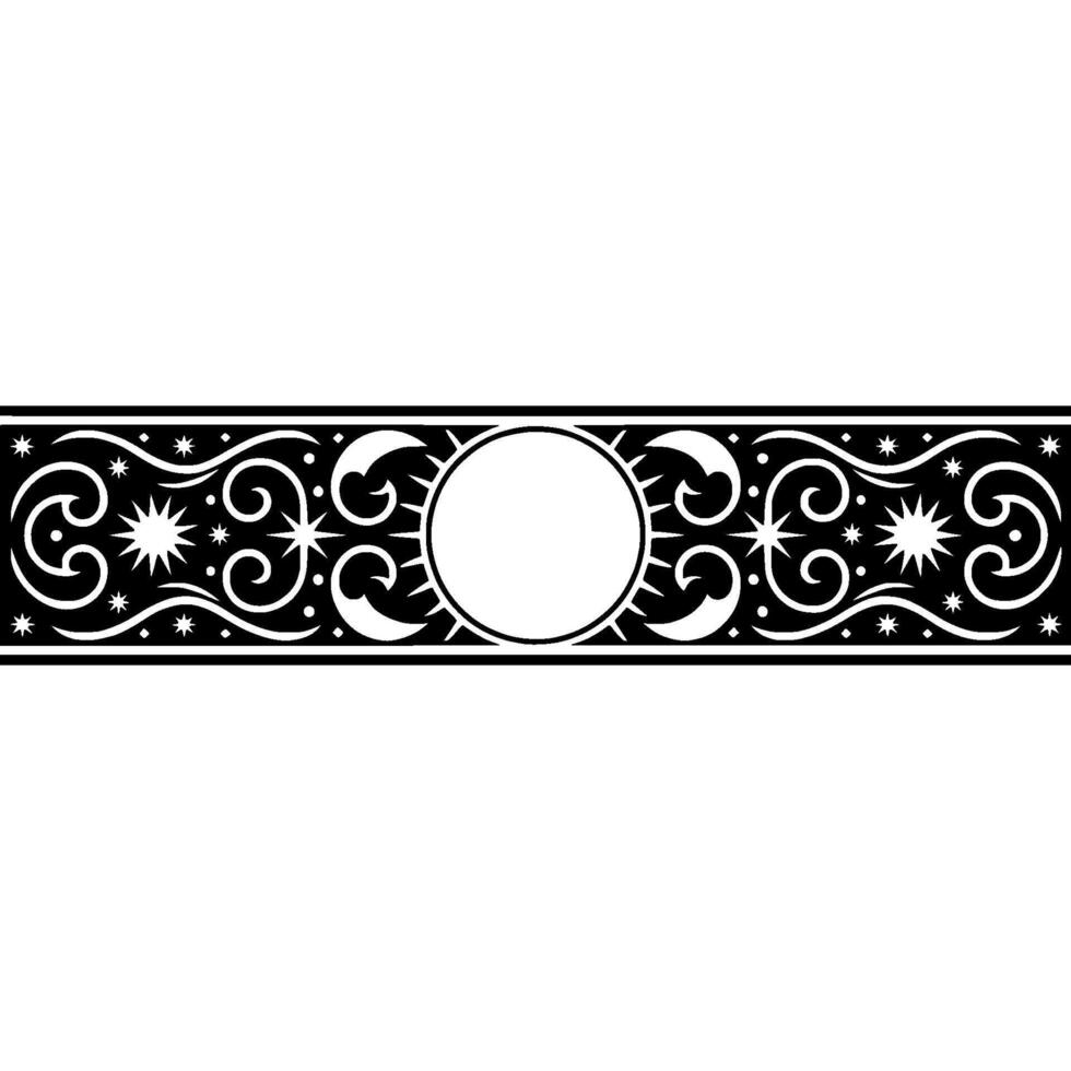 Black and White Ornamental Border with Stars, Swirls, and Circle. vector