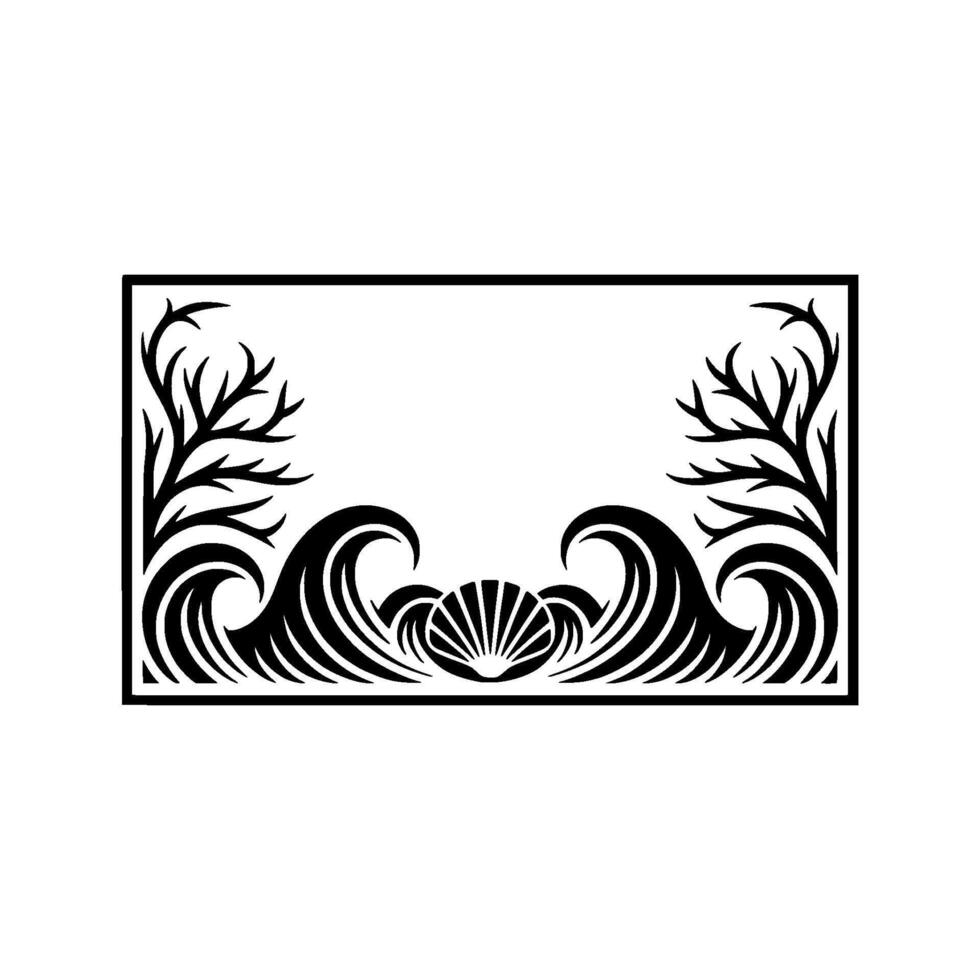 Illustration Oceanic Frame with Waves, Seashells, and Branches. vector