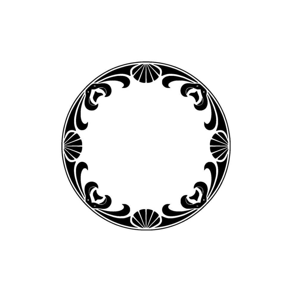 Art Nouveau Circle Frame, Black and White, Ornamental. vector