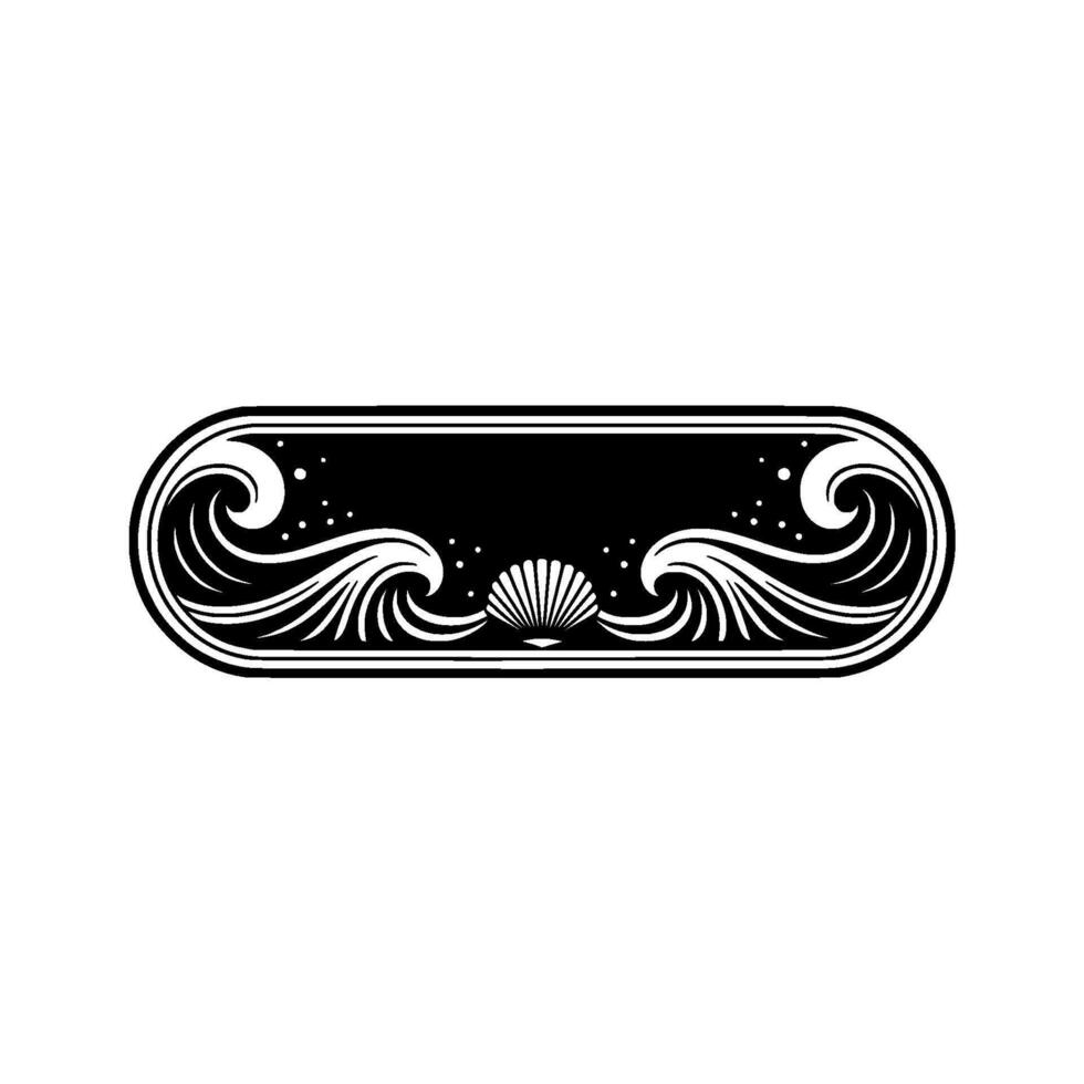 Elegant Coastal Emblem Waves and Seashell, Black White. vector