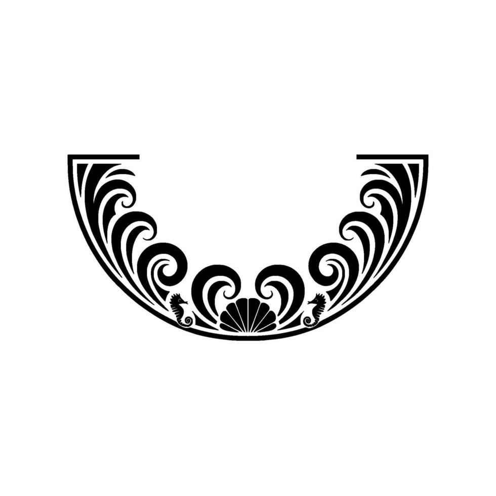 Elegant Nautical Crest Shell, Seahorse, and Swirls. vector