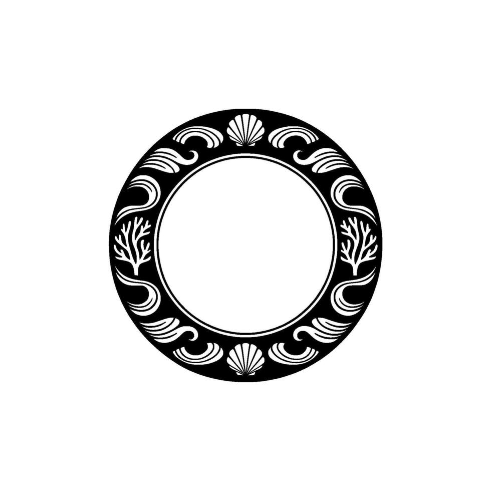 Elegant Circular Sea-Themed Frame, Black and White, Minimalist. vector