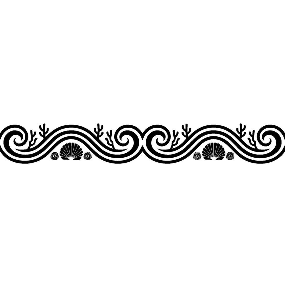 Elegant Nautical Border Black White Sea Motif, Waves, Shells. vector