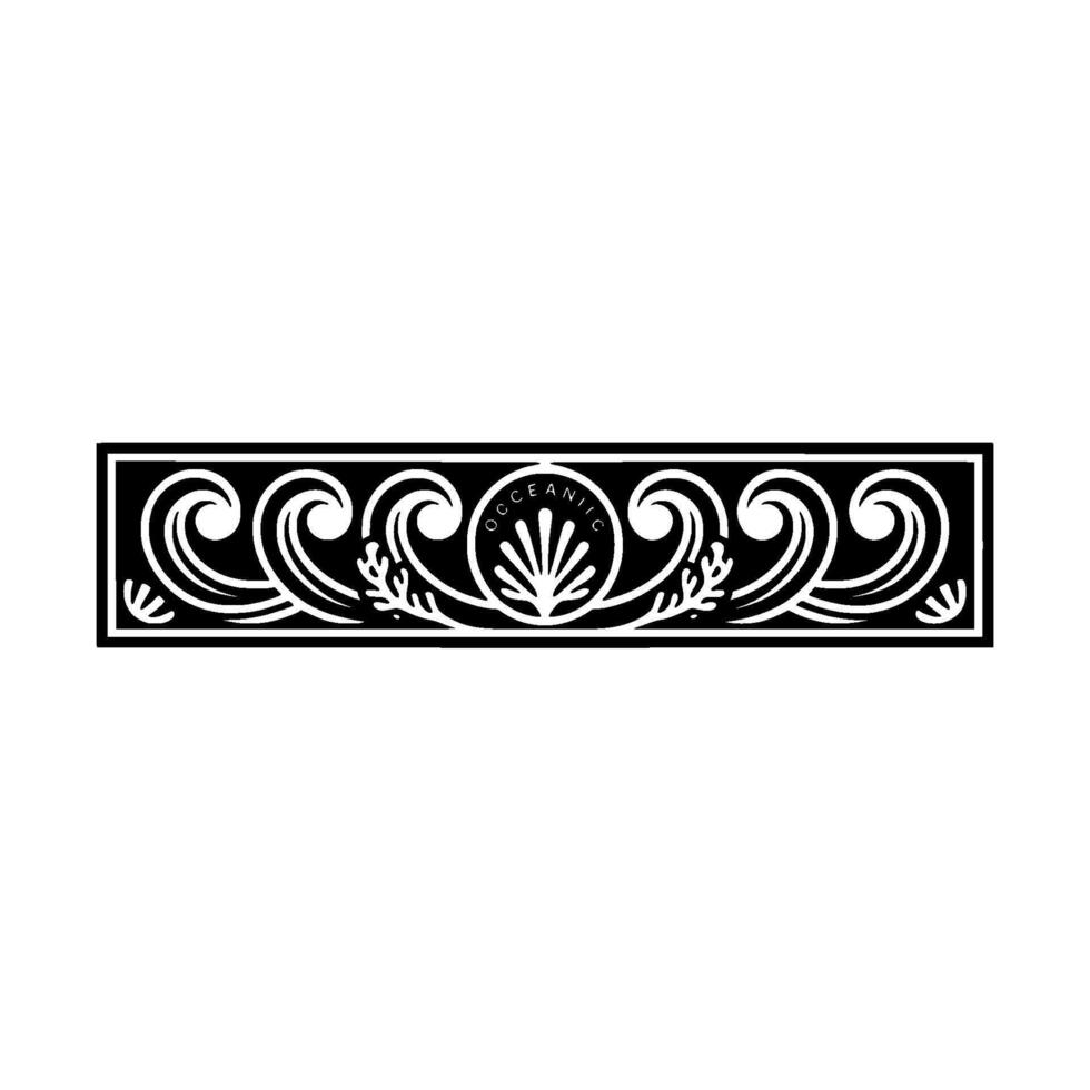 Black White Oceanic Border Waves, Shell, and Floral Elements. vector