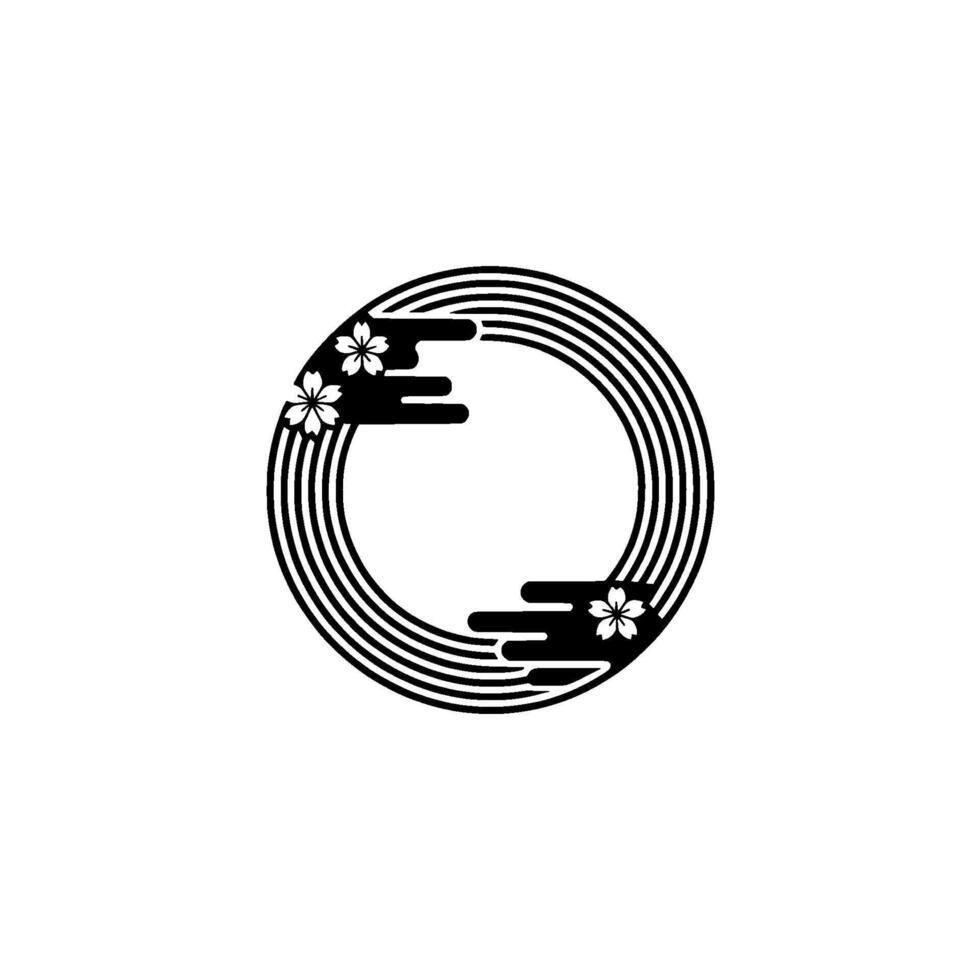Japanese-Inspired Circular with Cherry Blossoms and Waves, Minimalist. vector