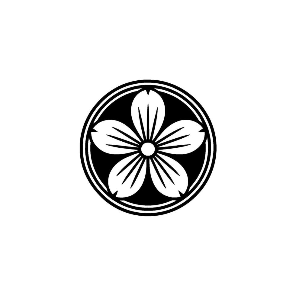Japanese Sakura Flower Crest in Circle, Black and White, Minimalist. vector