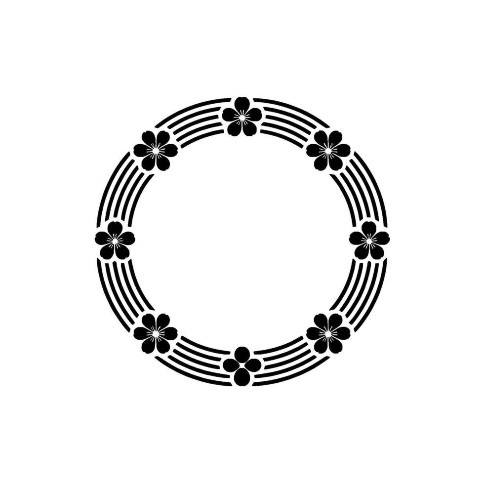 Elegant Floral Circle Frame Minimalist , Black Blossoms on White. vector