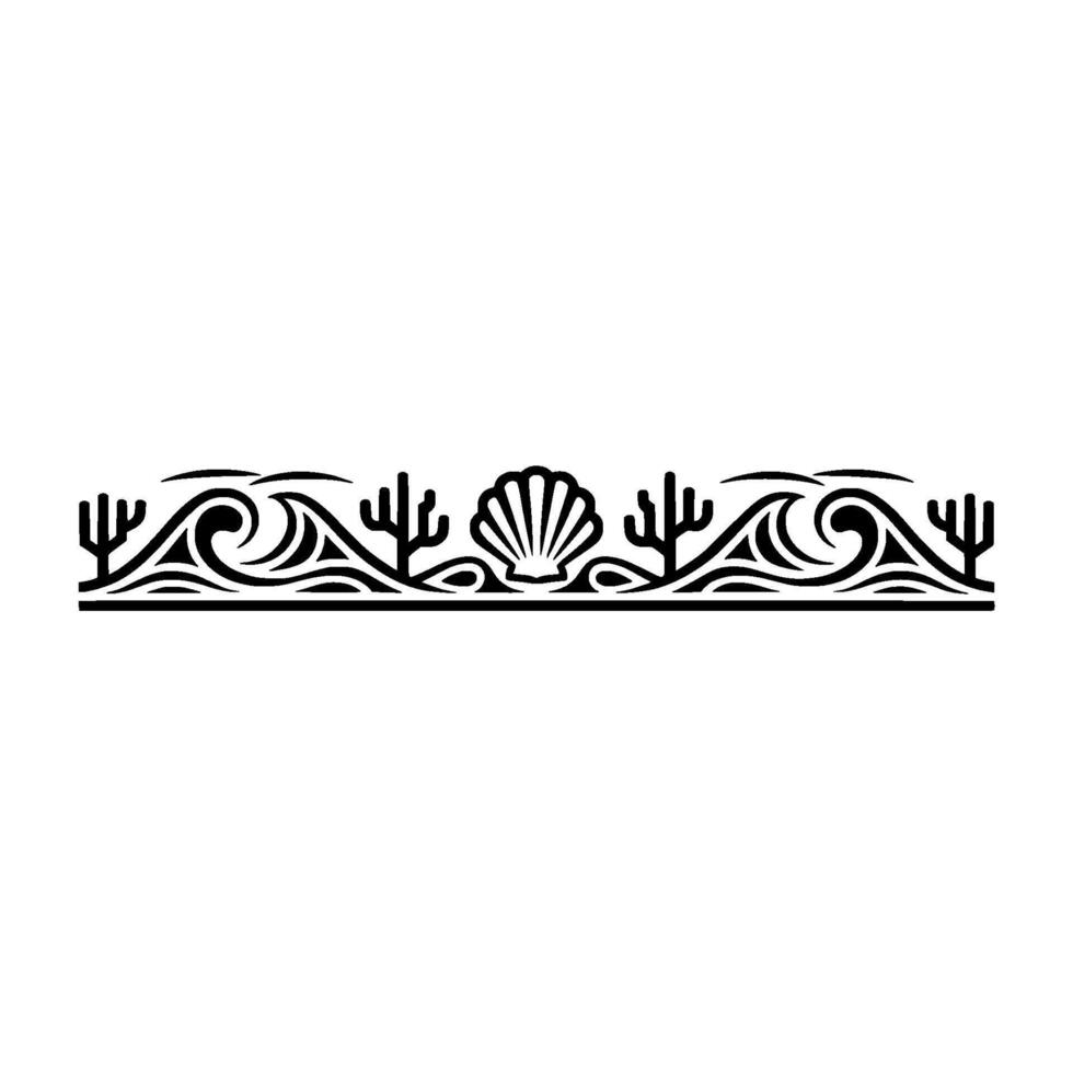 Minimalist Coastal Border with Seashells, Waves, and Cactus. vector