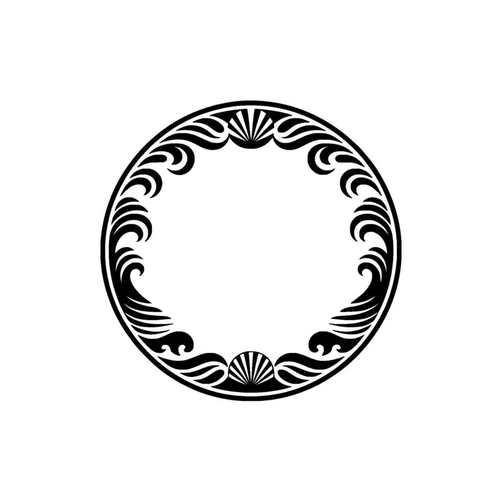 Ornamental Circular Frame, Black Waves and Shells. vector