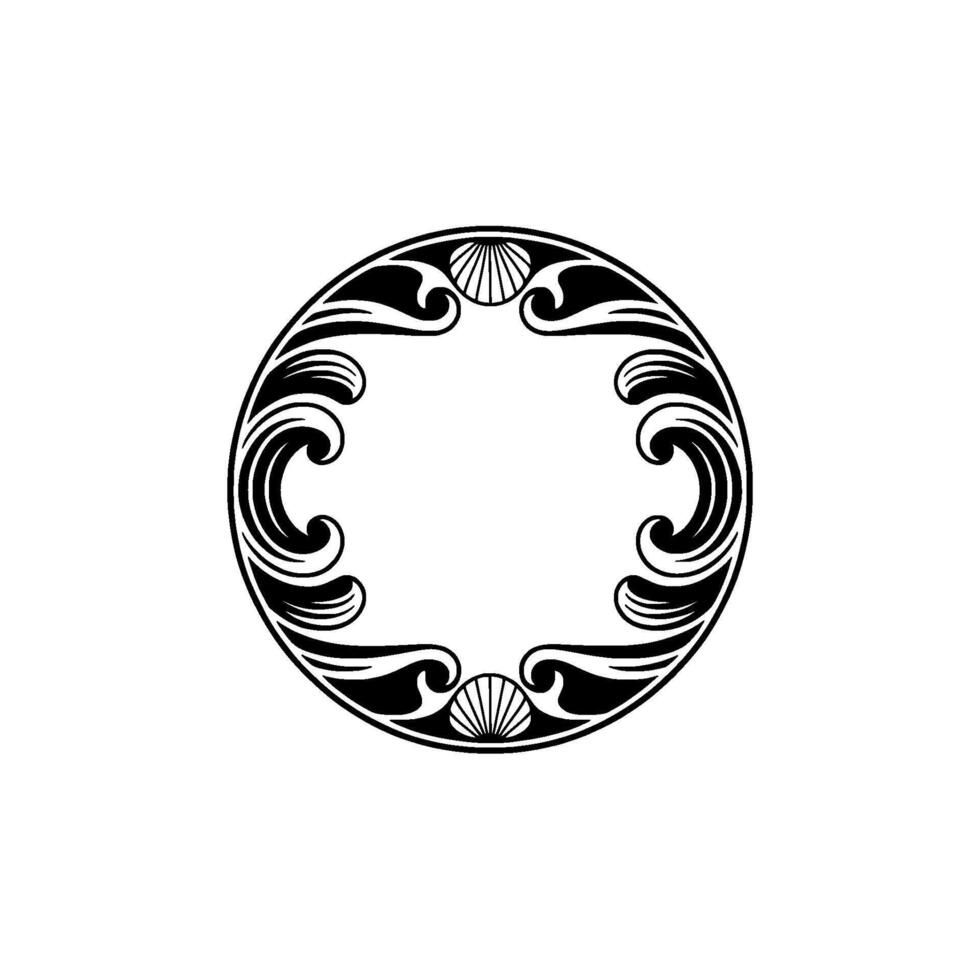 Elegant Art Nouveau Seashell Circle Frame - Black White. vector