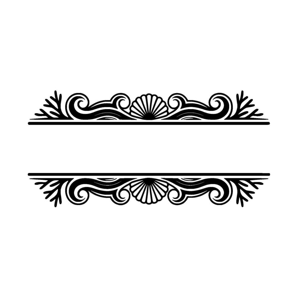 Elegant Black White Border Frame with Seashell and Swirls. vector