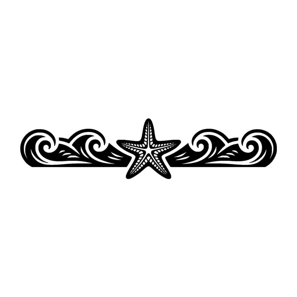 Starfish and Wave Ornament, Black and White. vector
