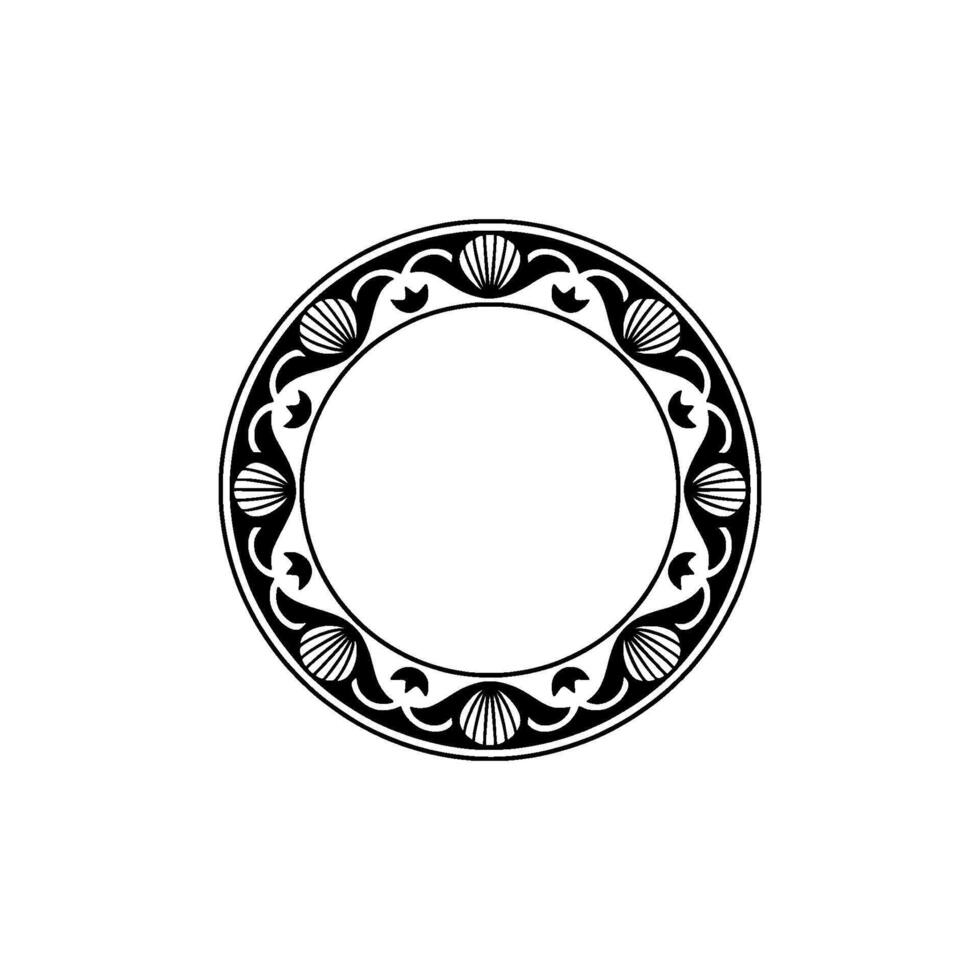 Circular Decorative Frame with Shell Motifs, Black and White Illustration. vector