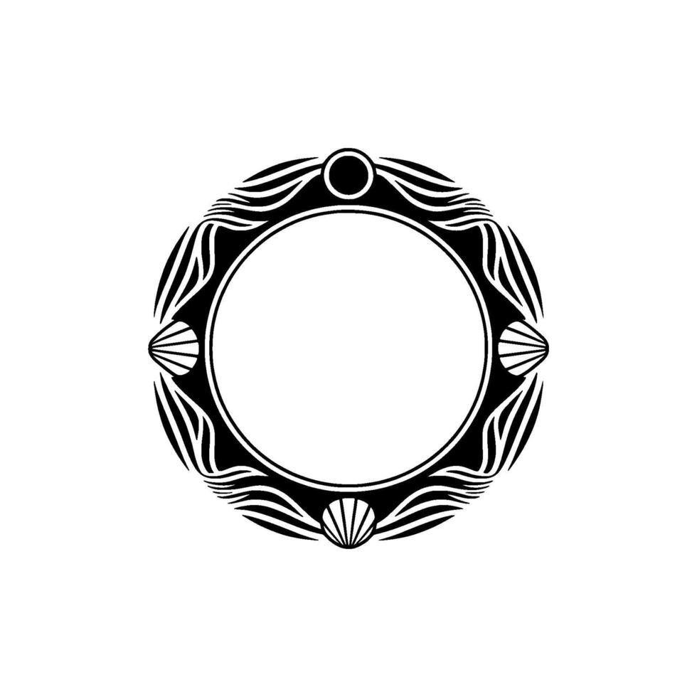 Elegant Circular Frame with Seashell Accents, Monochrome. vector