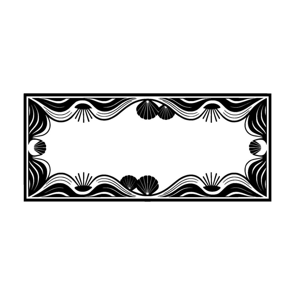 Elegant Black and White Art Deco Frame with Shells Waves. vector