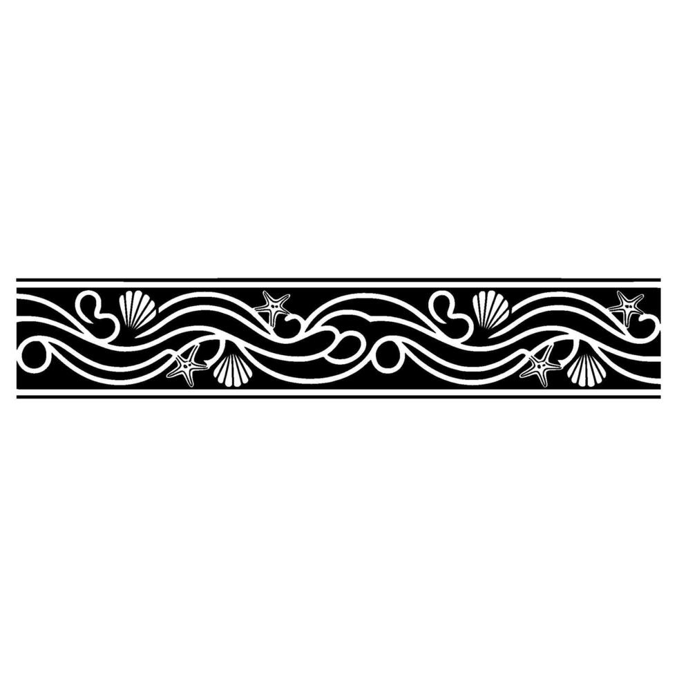 Ocean Border Wave, Seashell Starfish , Elegant Black White. vector