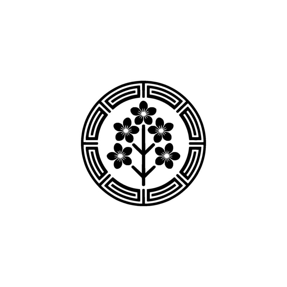 Japanese Floral Crest on White Minimalist. vector