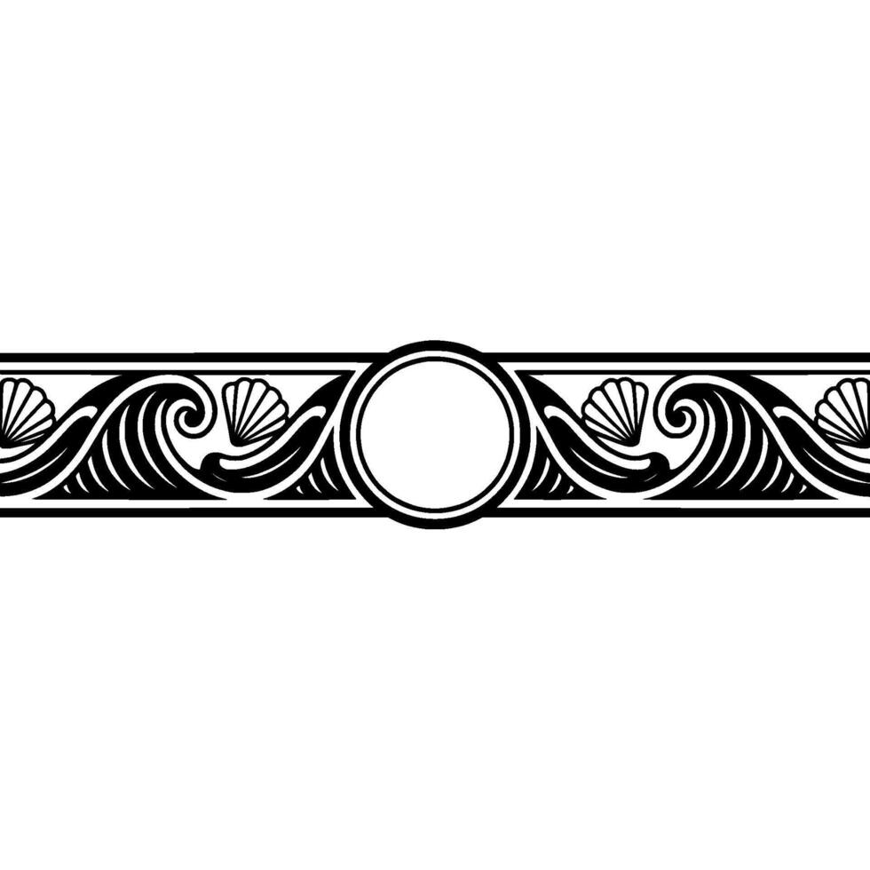 Art Nouveau Ocean Border with Circle, Black and White. vector