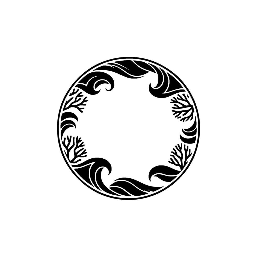 Elegant Black White Circle Frame Waves Coral Illustration. vector