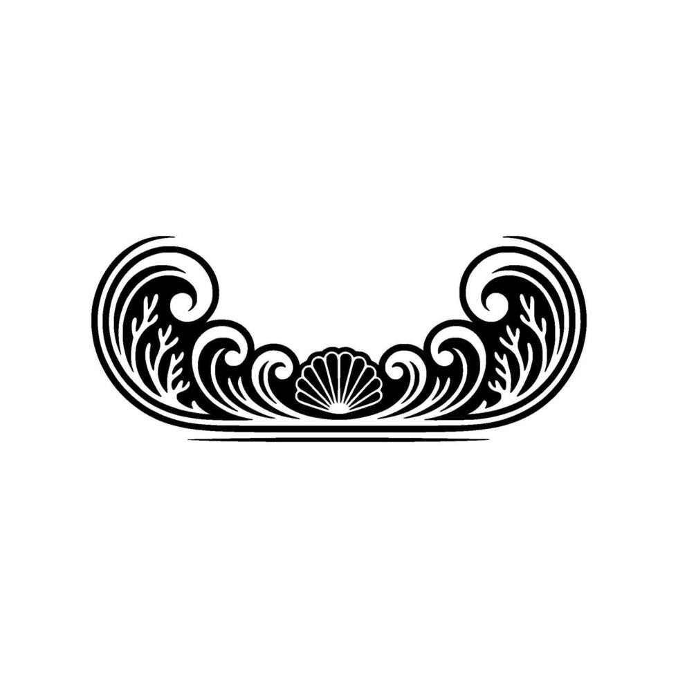 Elegant Black White Decorative Swirl Ornament with Seashell. vector