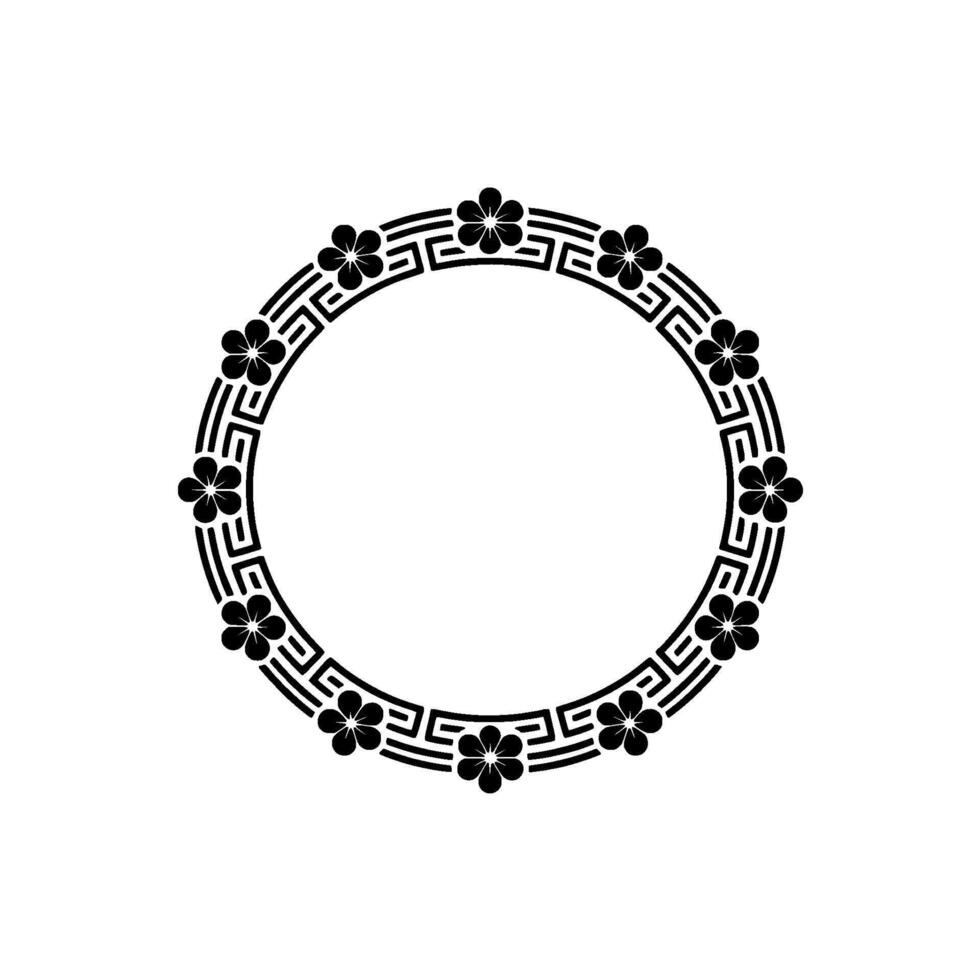 Elegant Japanese-Inspired Circular Floral Frame in Black on White, Illustration. vector