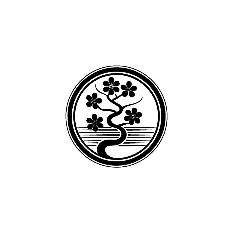 Elegant Japanese Bonsai Sakura , Black White. vector