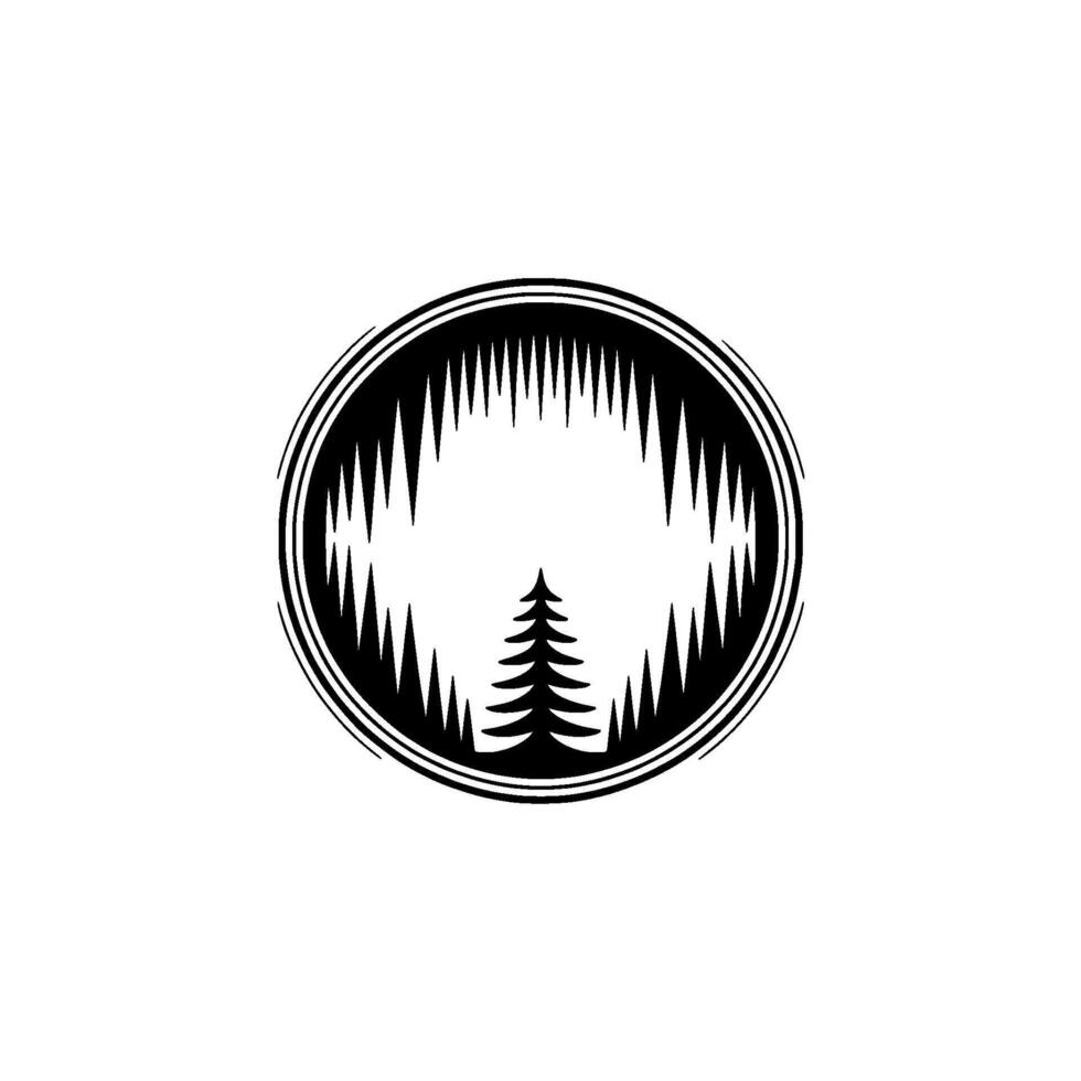 Minimalist Forest Emblem Circle, Pines, and Mountains. vector