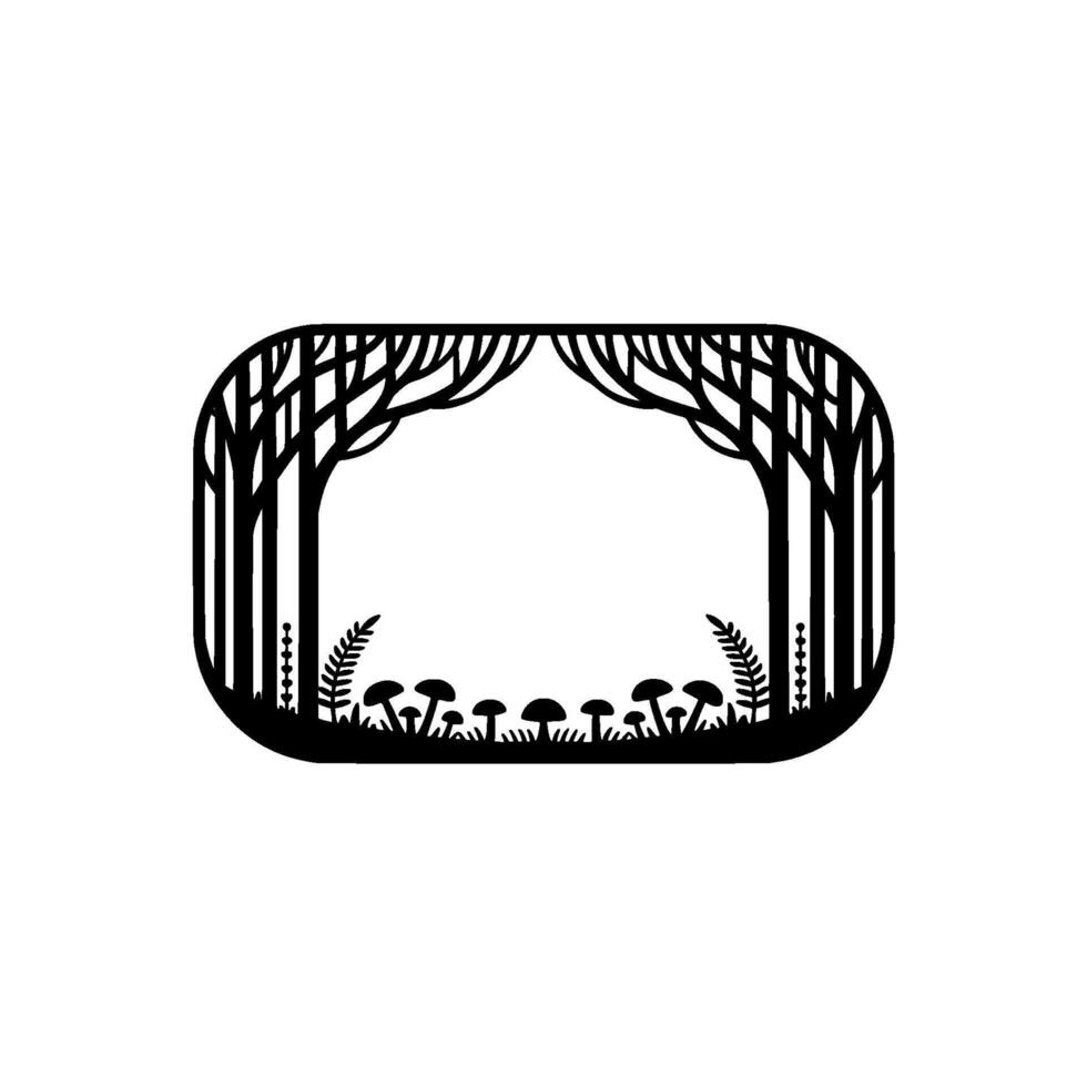 Black Forest Frame with Mushrooms, Trees Foliage. vector