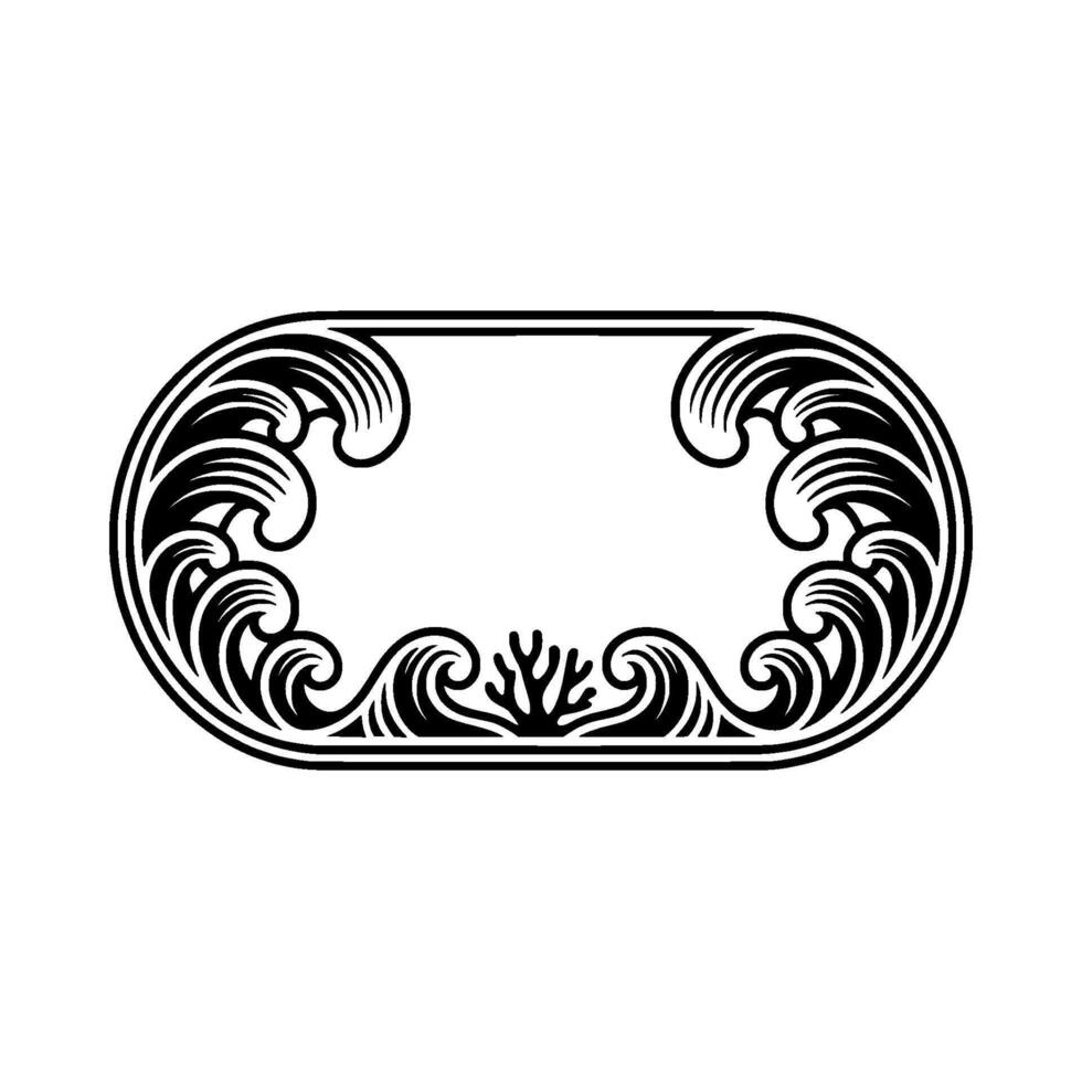 Elegant Ocean Frame, Black and White Decorative Border, Illustration. vector