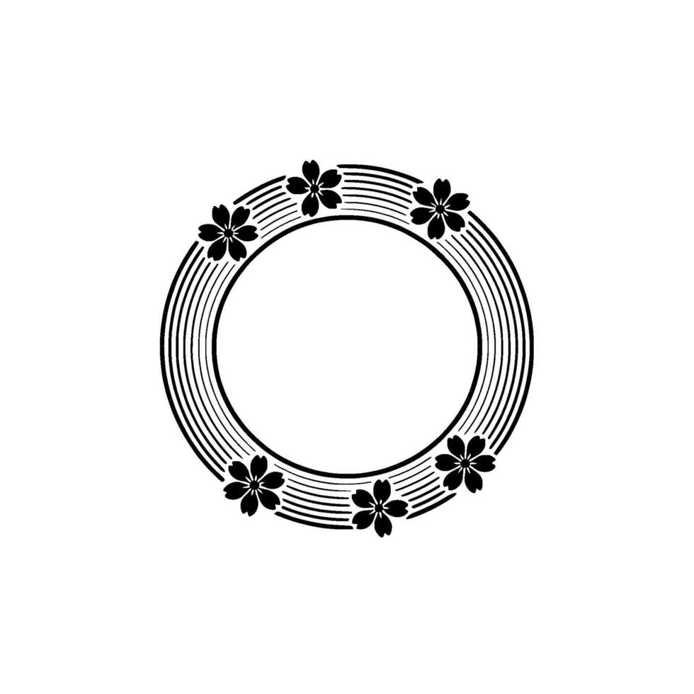 Minimalist Floral Circle Frame, Monochrome , Japanese-Inspired. vector