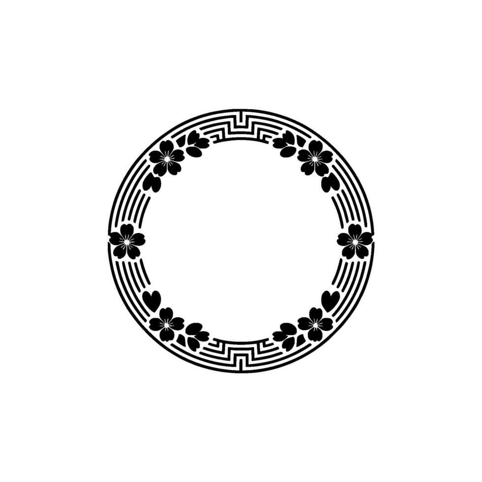 Elegant Japanese Floral Frame, Black White, Minimalist. vector