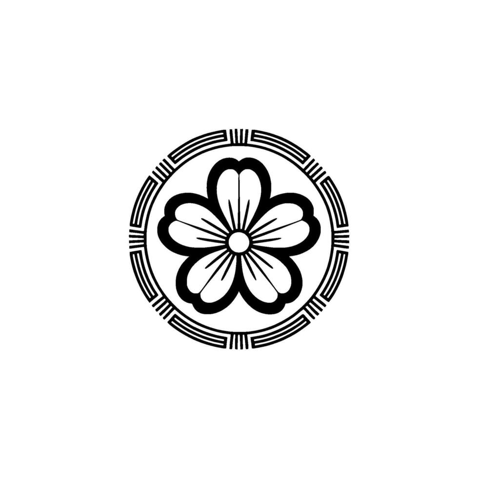 Minimalist Japanese Floral Crest Circular Emblem on White Background. vector