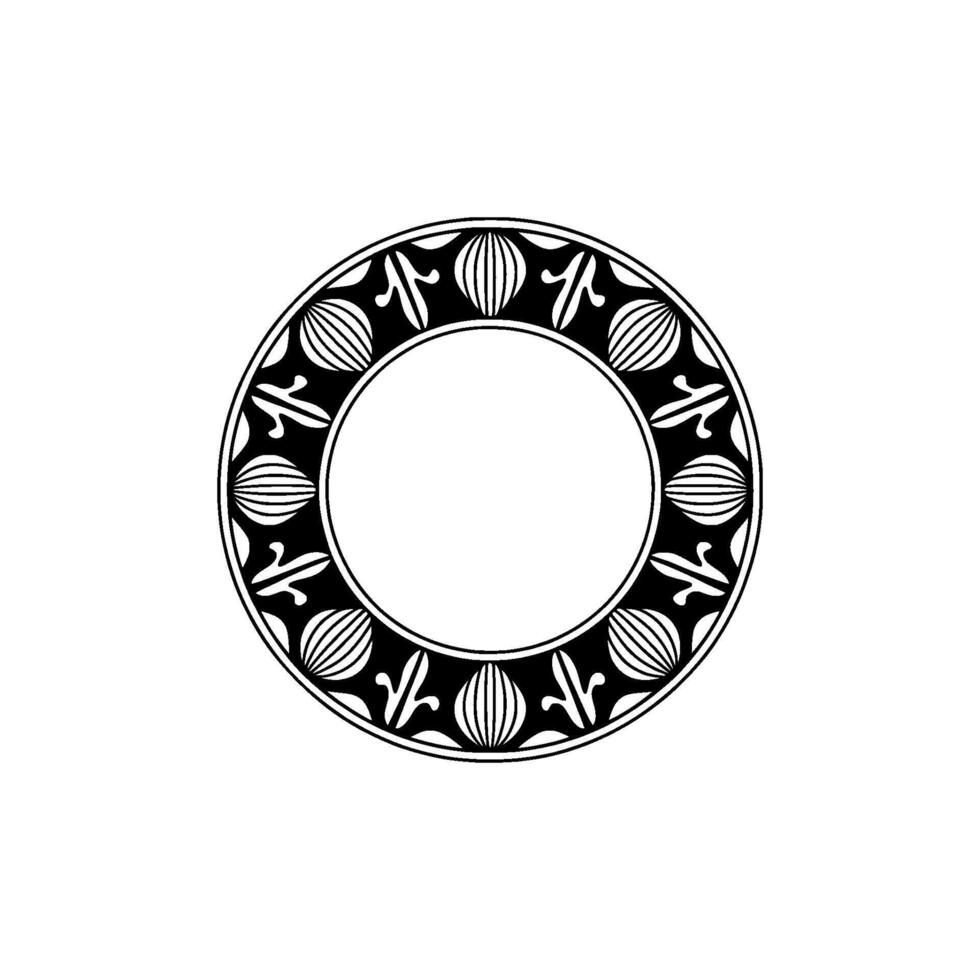 Decorative Circular Frame with Repeating Floral and Linear Motifs, Black and White. vector