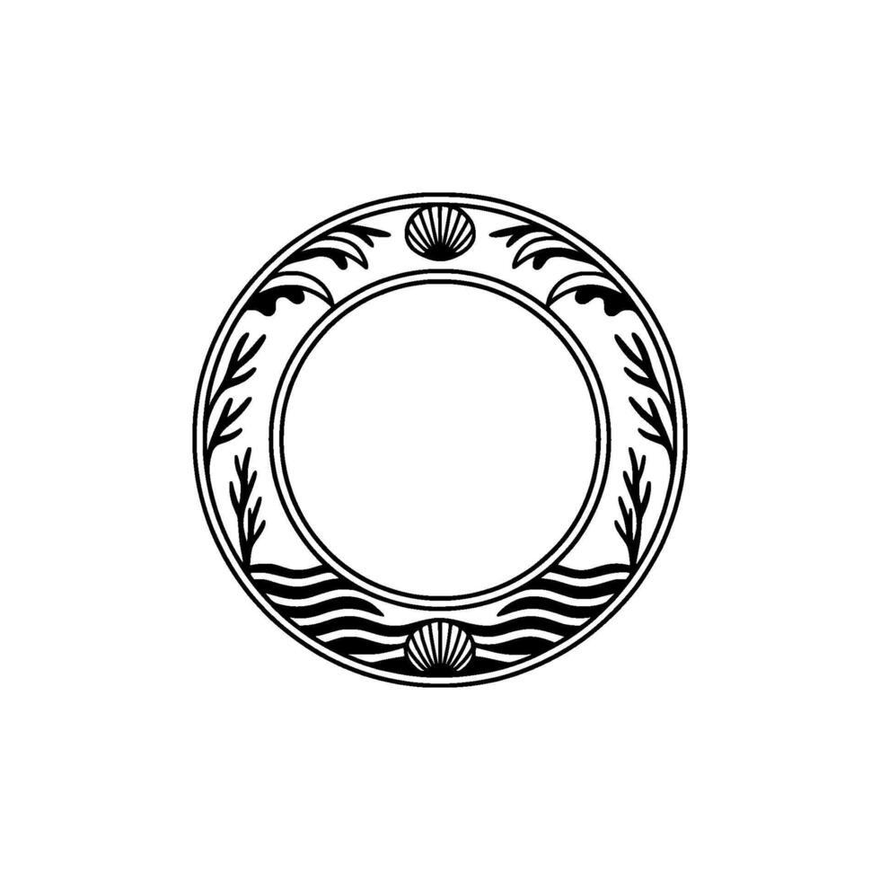 Elegant Nautical Frame Black White Circular with Seashells Foliage. vector