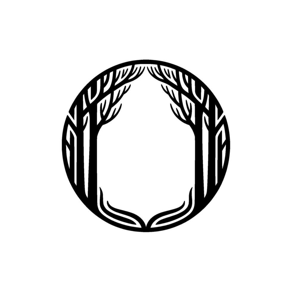Minimalist Forest Circle , Nature Emblem, Black White. vector