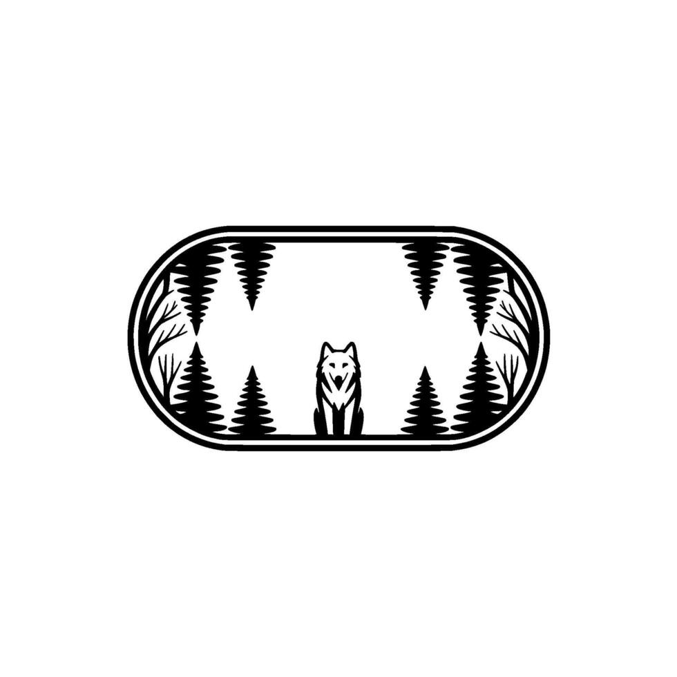 Minimalist Wolf in Forest Emblem, Black and White. vector