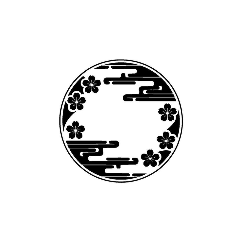 Elegant Japanese Circle Cherry Blossoms and Cloud Motifs. vector