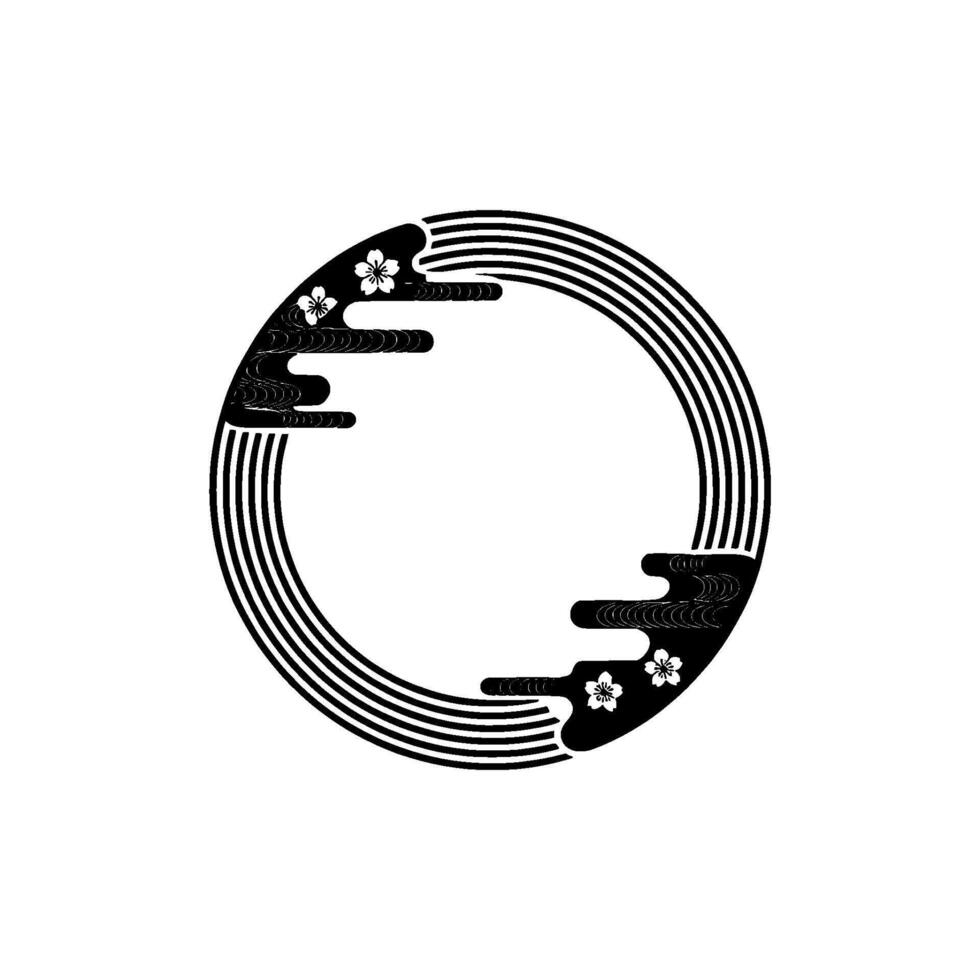 Elegant Japanese Circle Frame with Cherry Blossoms - Black White. vector